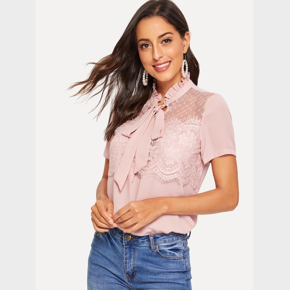 Rouge! Tops - Frilled Tie Neck Lace Appliqué Top Blush Pink